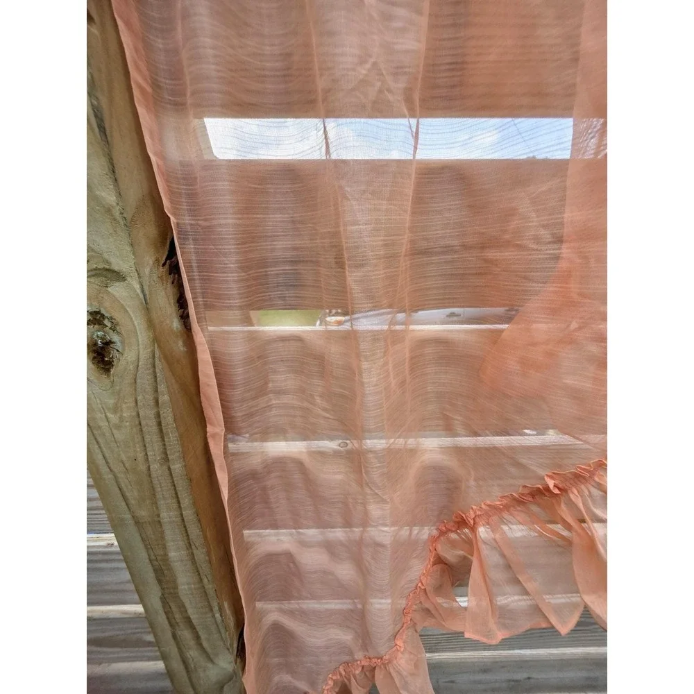 Vintage Ruffled Sheer Curtain Panels Tiered Peach Coral 43x63 Cottagecore